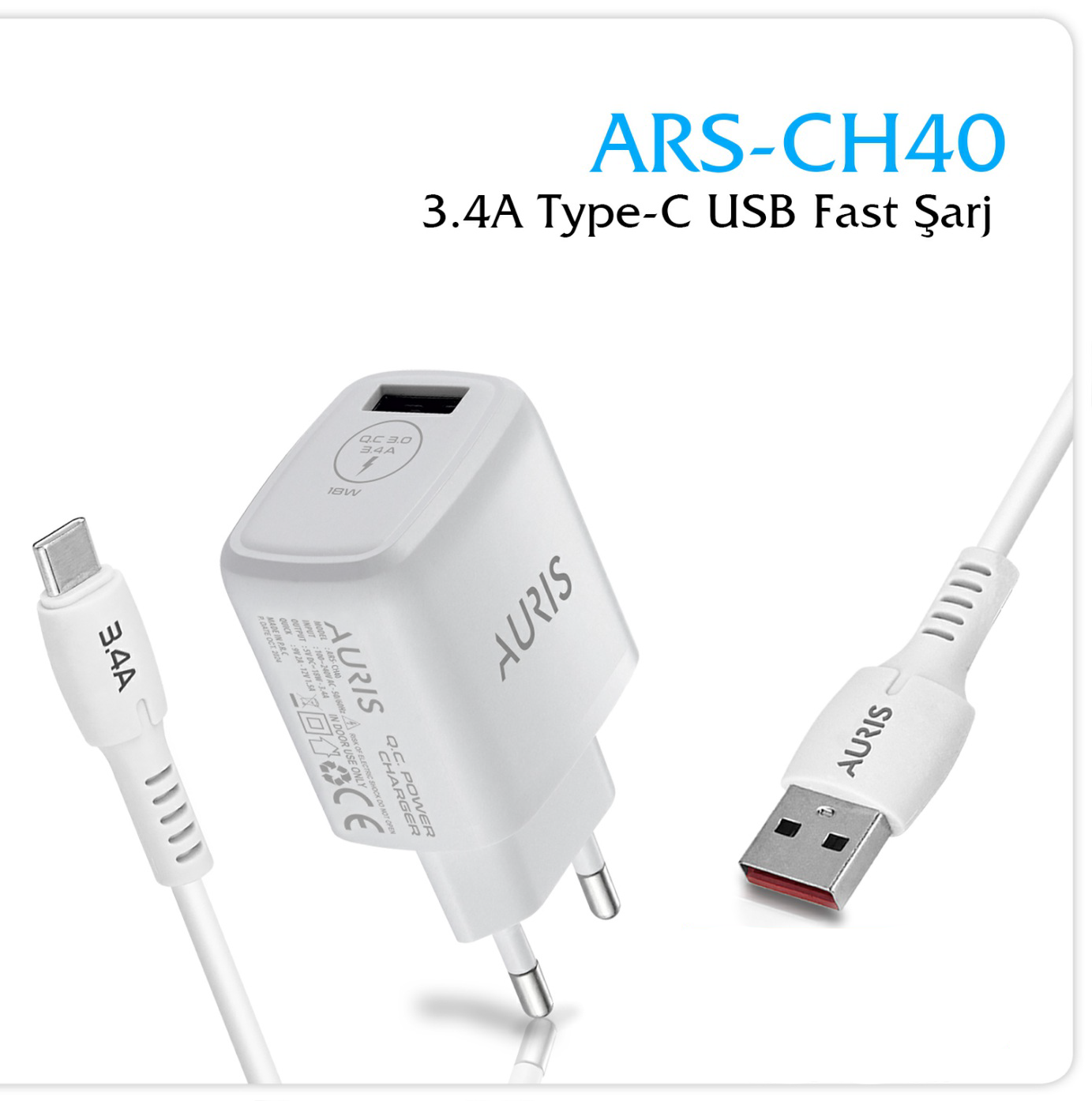 Auris CH40 3-4 A Type C Şarj Aleti Cihazı Seti USB Şarj Başlığı + 1 Mt- Type C Kablo Qc 3-0 Destekli